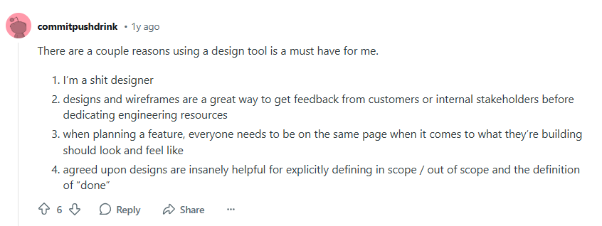 Reddit user reply on the discussion wether web designing tool are necessary