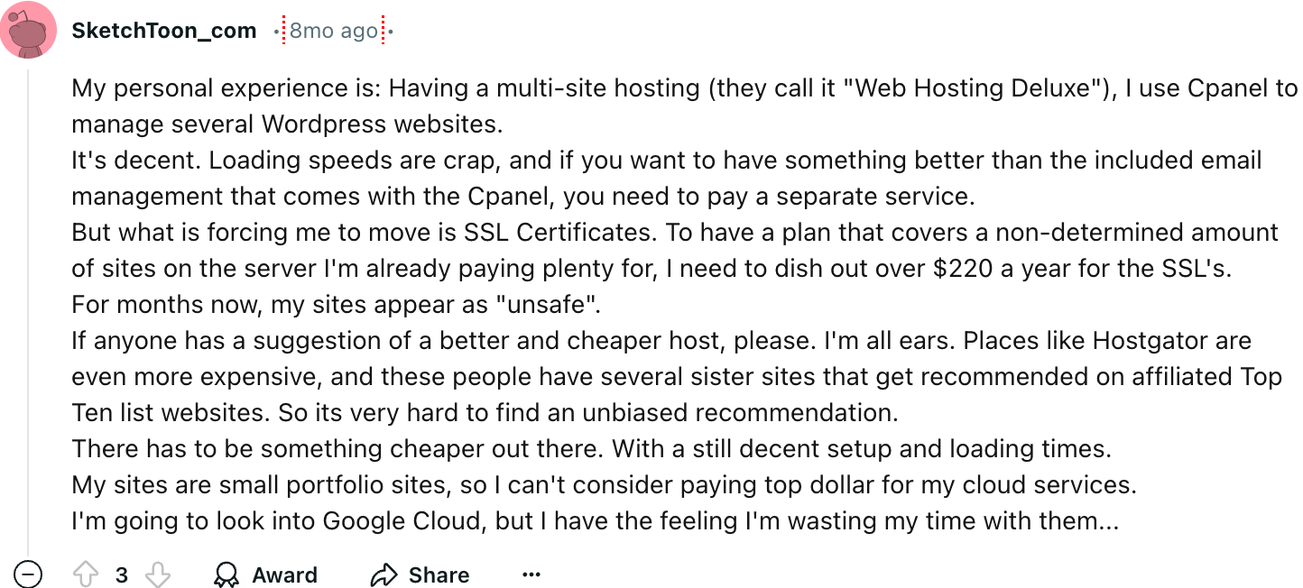 A screenshot of a Reddit post that says my personal experience is having a multi-site hosting