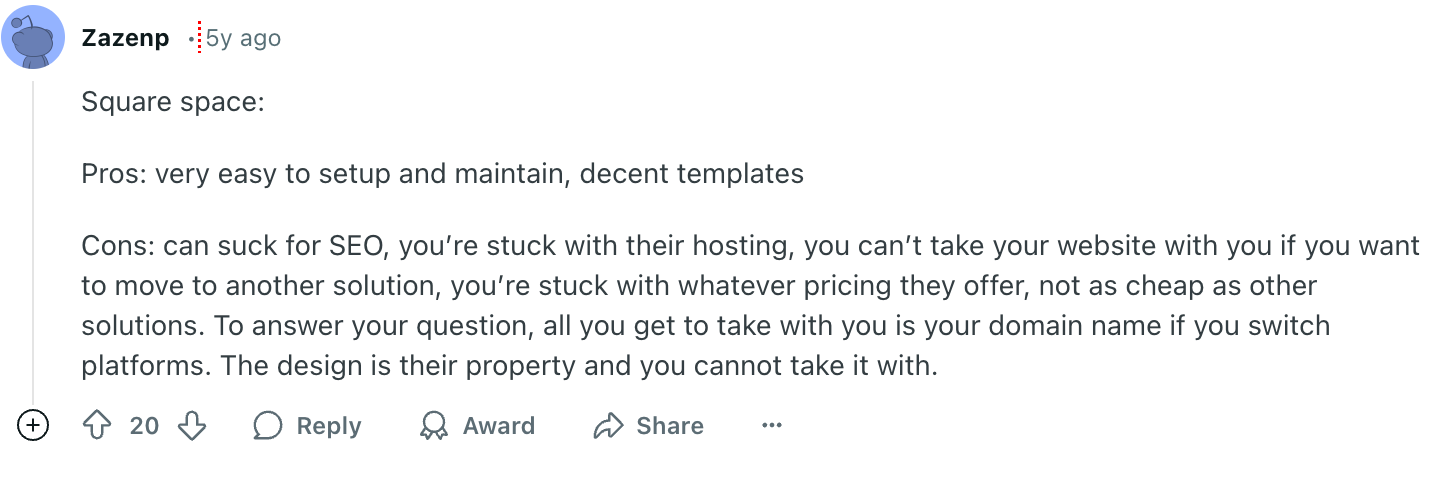 A Reddit comment on Squarespace.