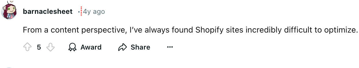 A post that says contents are difficult to optimize on Shopify.