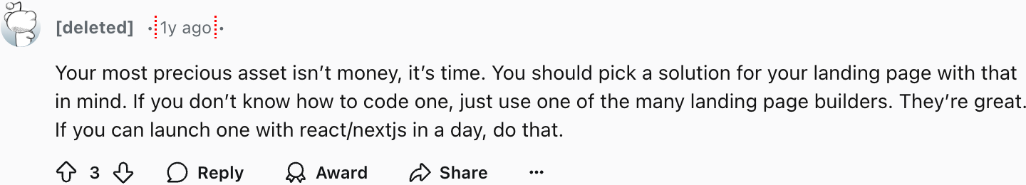 A Reddit user says that website builders is a solution for your landing page.