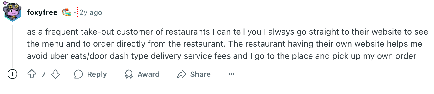 A Reddit post about a restaurant.