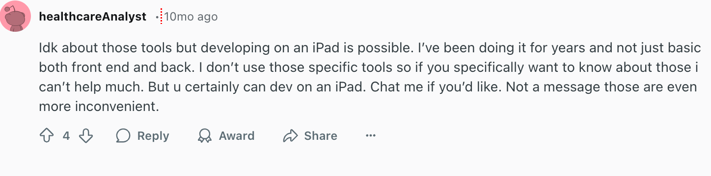 A redditor expresses their opinion on creating a website on an iPad.