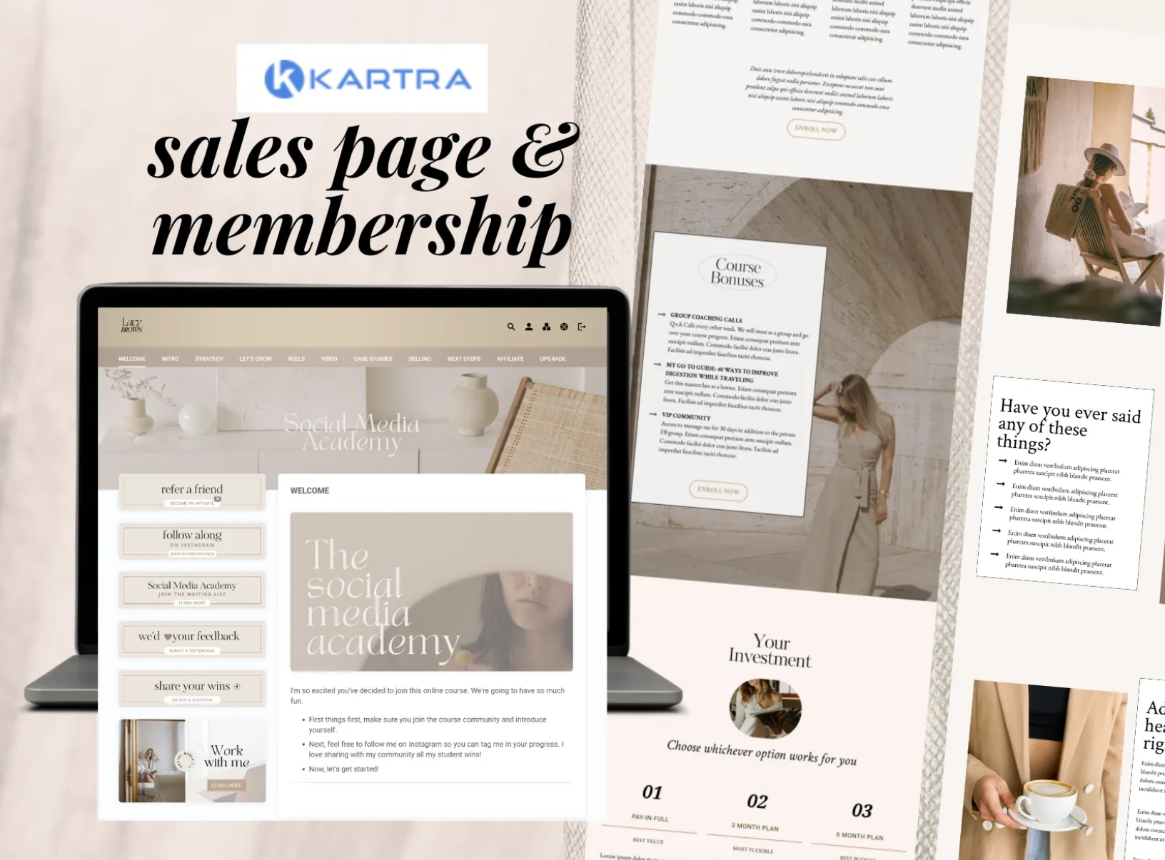 A sales page and membership website on a laptop.