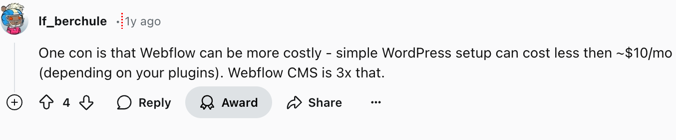 An image of a reddit post with a person reviewing webflow.