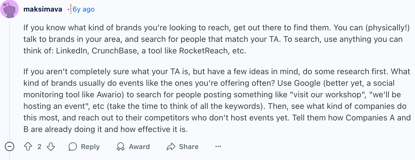 Reddit post on focusing on a niche.