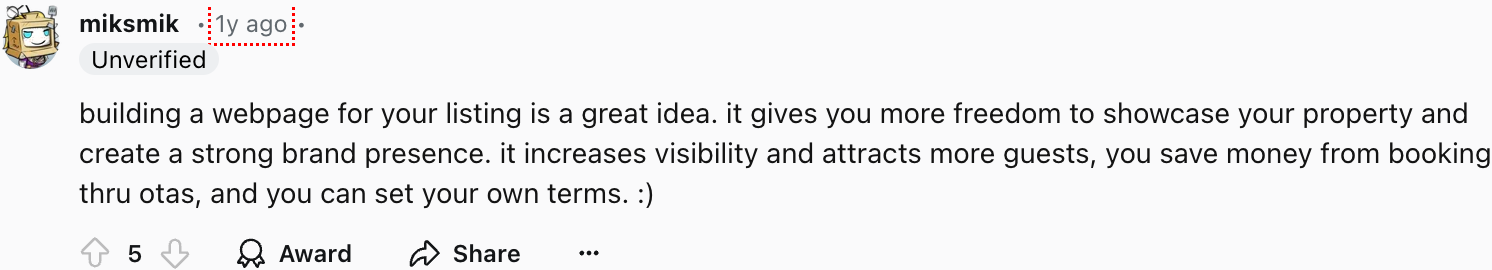 miksmik
building a webpage for your listing is a great idea. it gives you more freedom to showcase your property and create a strong brand presence. it increases visibility and attracts more guests, you save money from booking thru online travel agencies, and you can set your own terms. 
