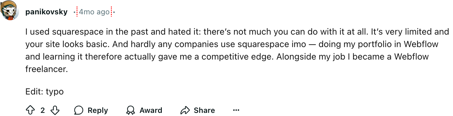 A reddit user expresses the cons of squarespace.