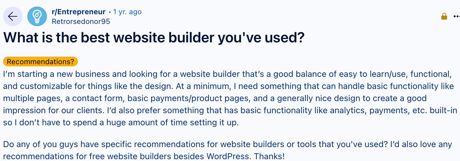 Redditor retrorsedonor95 posted on reddit looking for an easy to use, customizable, and functional website builder for professional services.