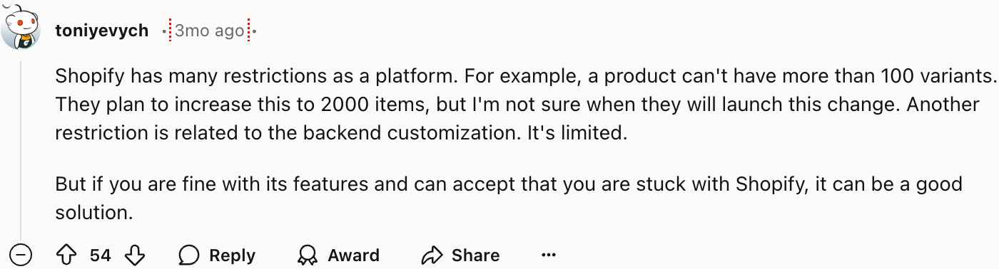 A redditor sharing his experience with Shopify