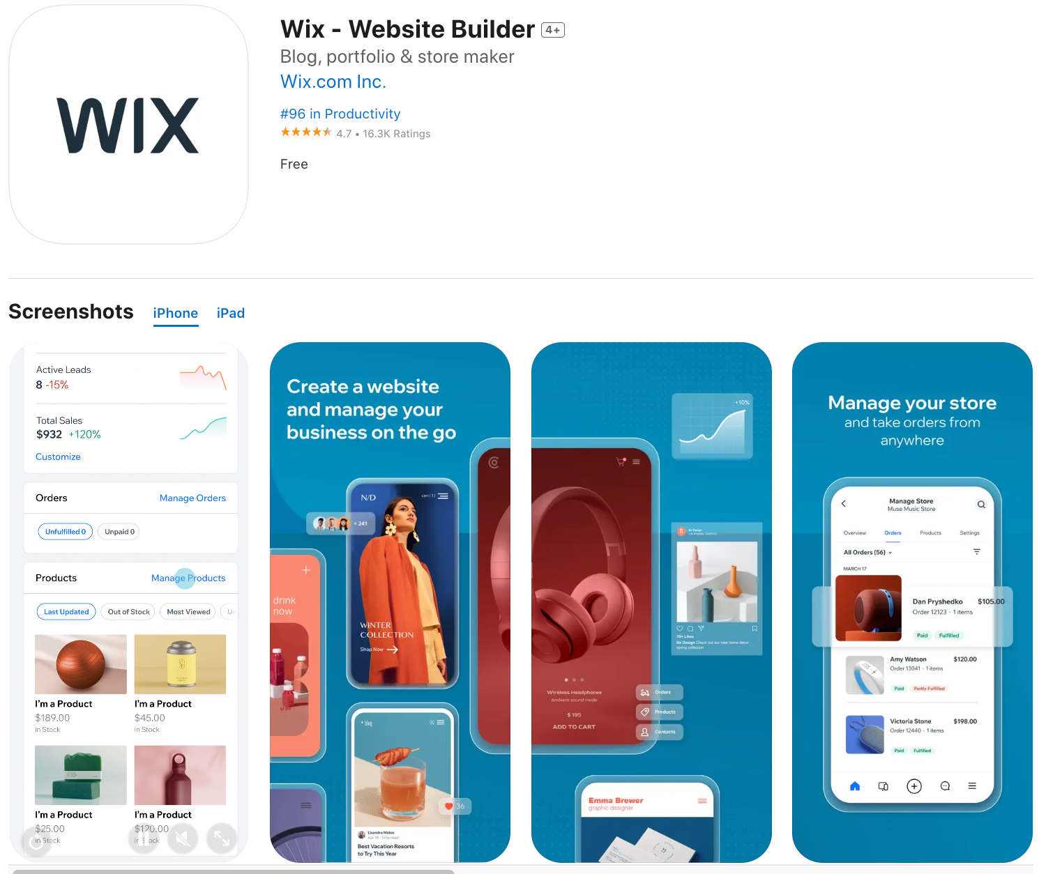 A screenshot of the wix website builder app on a white background.