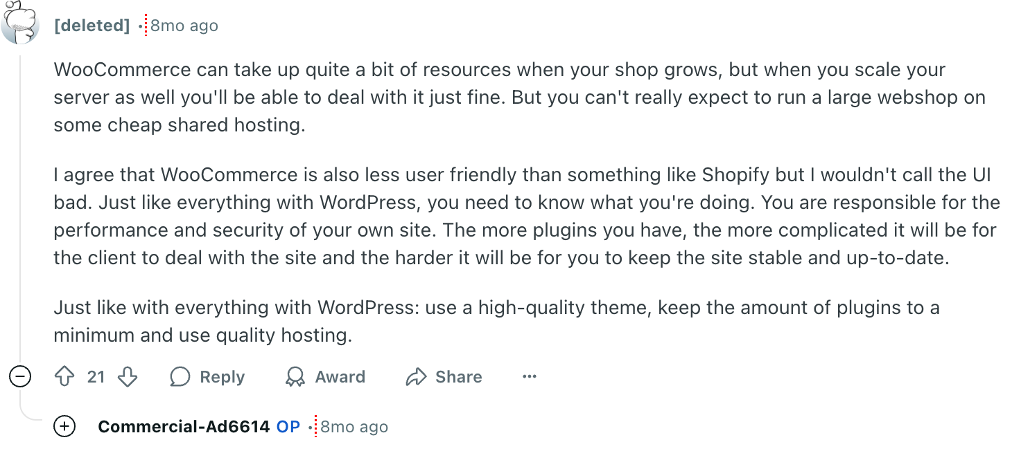 A screenshot of a Reddit post that says i agree that woocommerce is a secure user friendly than something like shopify but depends on the ecosystem.