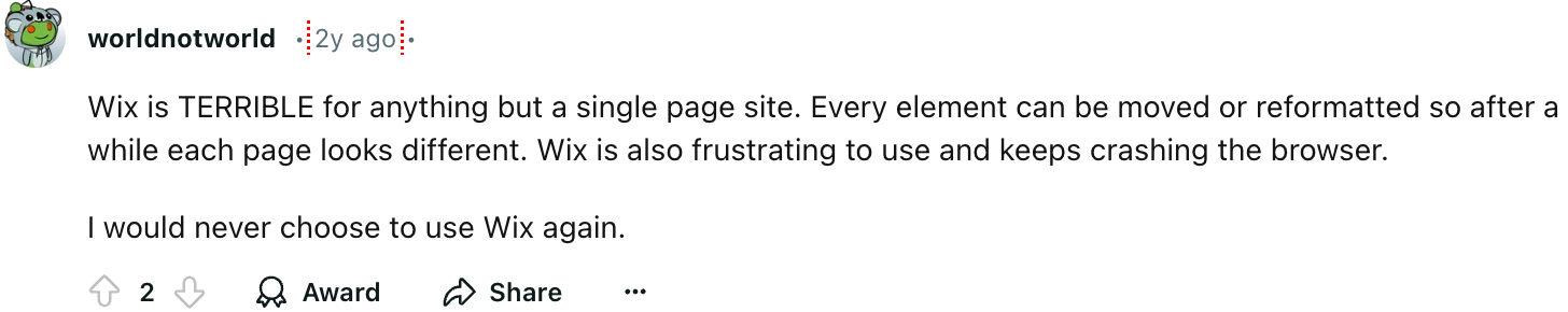 A Reddit user says that Wix is terrible
