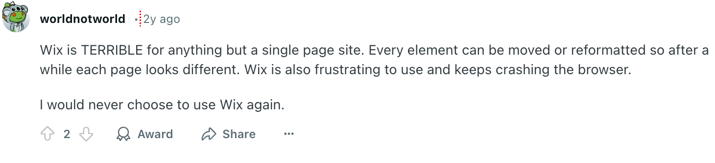 A Reddit comment that Wix is terrible.