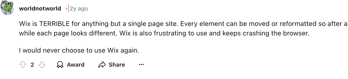 Wix is a bit terrible for a user on reddit.