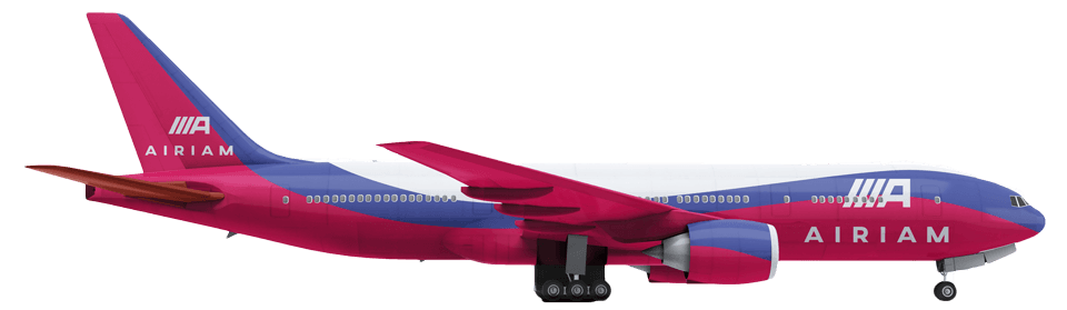 Side view of an Airiam airplane, primarily pink with blue accents and the name 