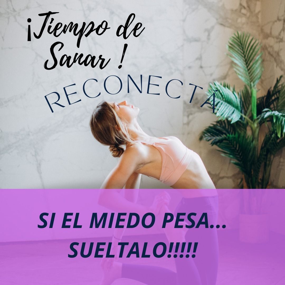 Mujer arqueando la espalda, estirándose cerca de una planta, con el texto 