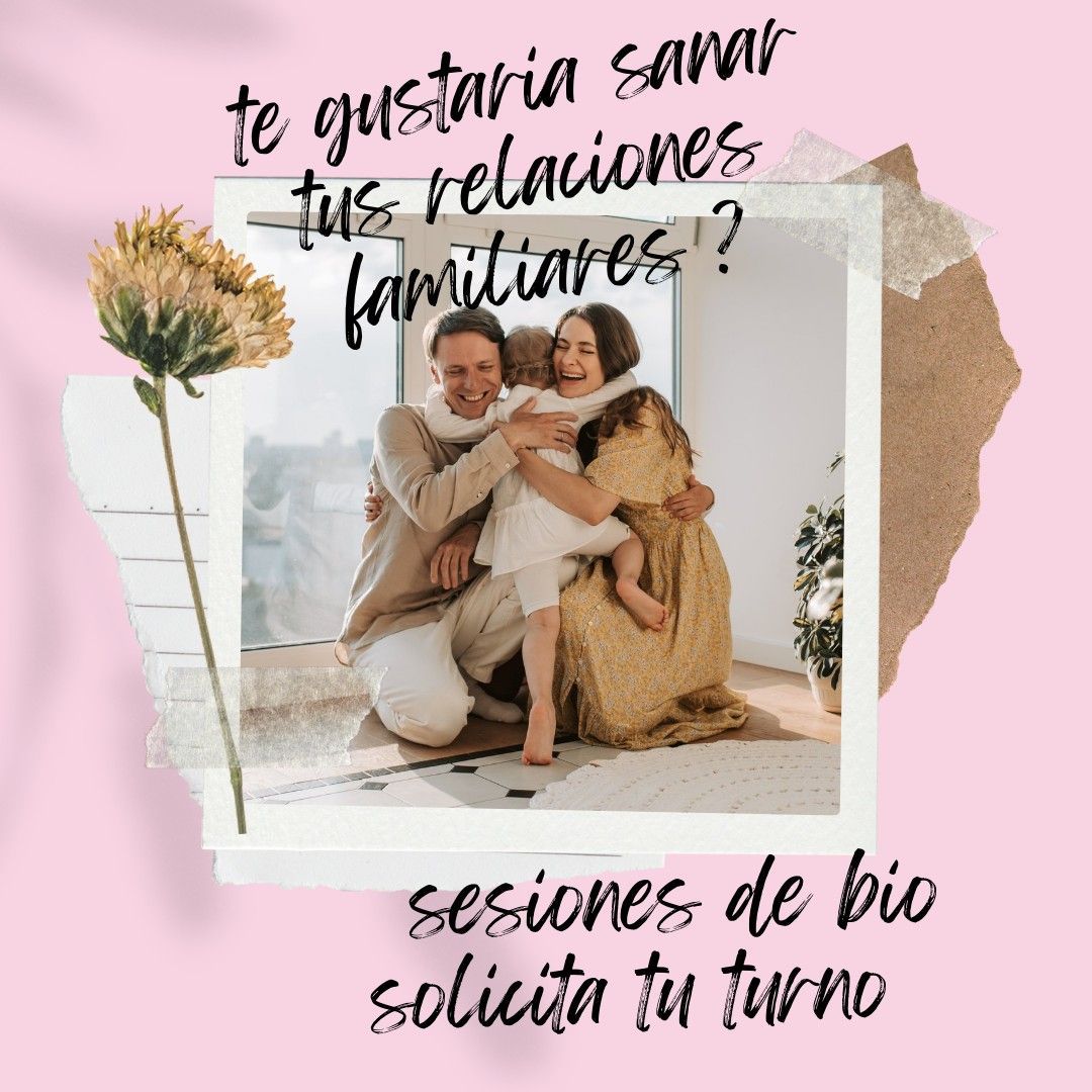 Familia abrazándose, rodeada de papel rasgado sobre fondo rosa. El texto promueve la sanación familiar mediante sesiones.