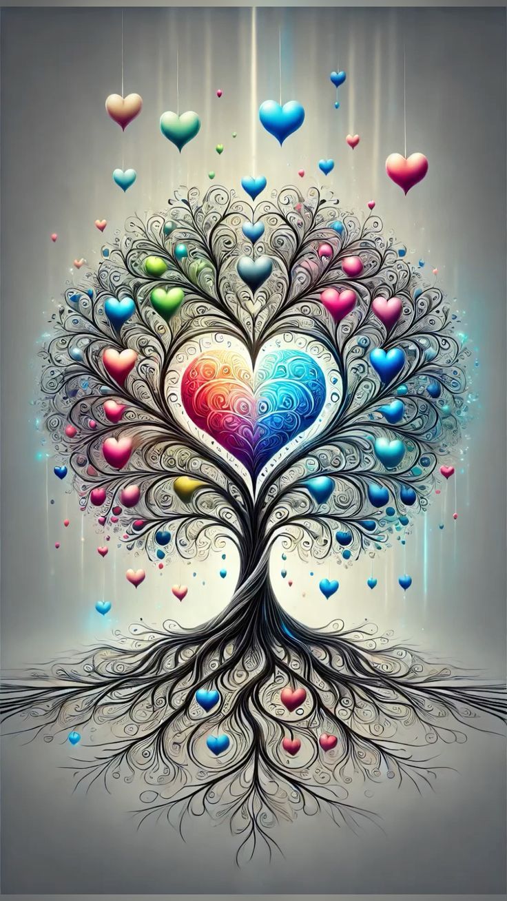 Árbol con hojas en forma de corazón en varios colores, rodeado de corazones flotantes.