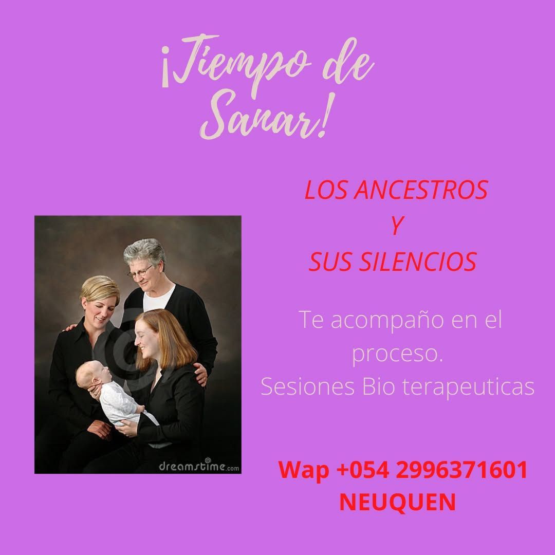Anuncio sobre servicios de sanación ancestral. Incluye foto familiar, fondo morado e información de contacto.