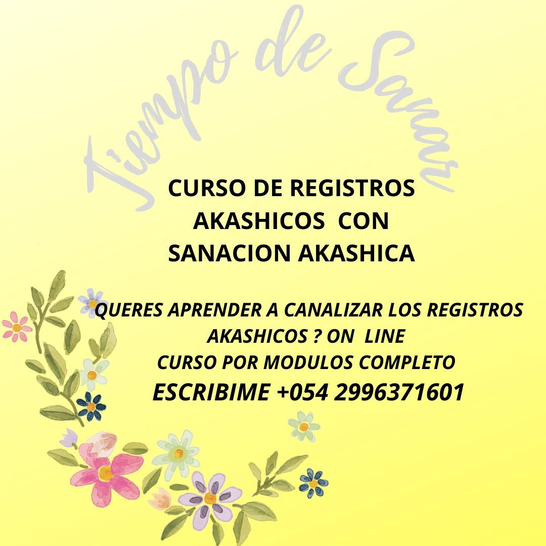 Anuncio de un curso online de Registros Akáshicos. Texto sobre fondo amarillo con detalles florales y un número de teléfono.