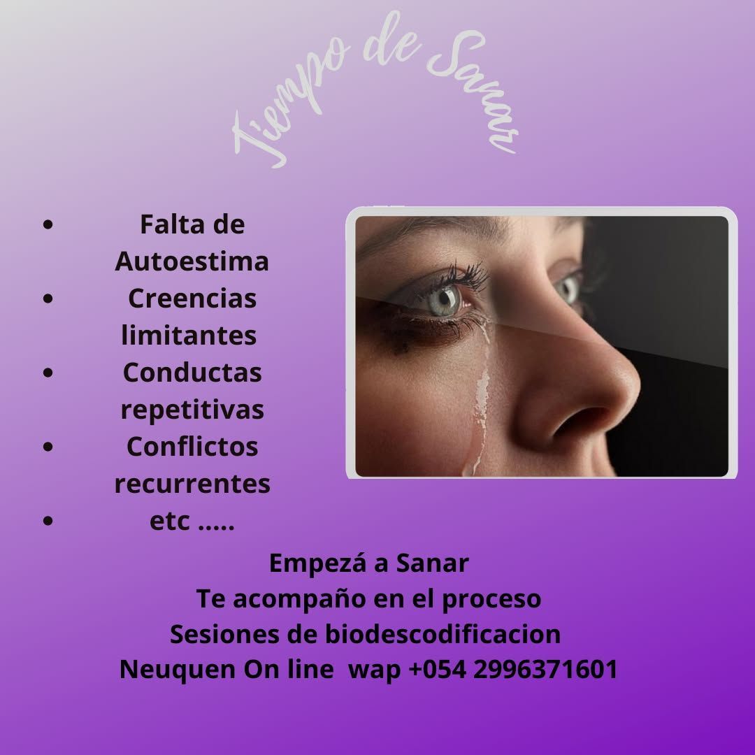 Póster para sesiones de biodescodificación. Rostro de mujer con una lágrima. Fondo morado con texto.