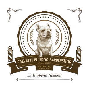 Il logo del barbiere calvetti bulldog mostra un bulldog francese seduto in cerchio.