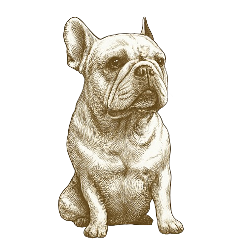 Un disegno di un bulldog francese seduto su uno sfondo bianco.