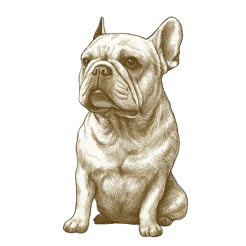 Un disegno di un bulldog francese seduto su uno sfondo bianco.