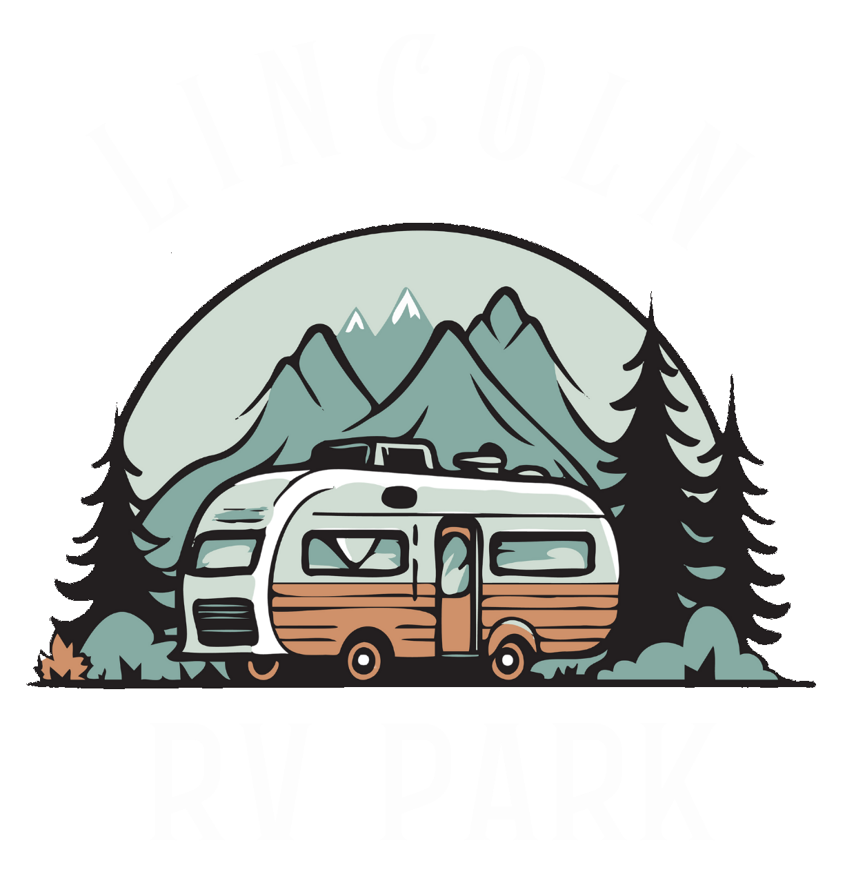 A rv is parked in the woods with mountains in the background.