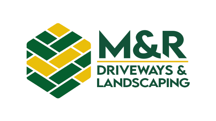 Logo for M&R Driveways & Landscaping. Green and gold geometric design with dark green text on a white background.