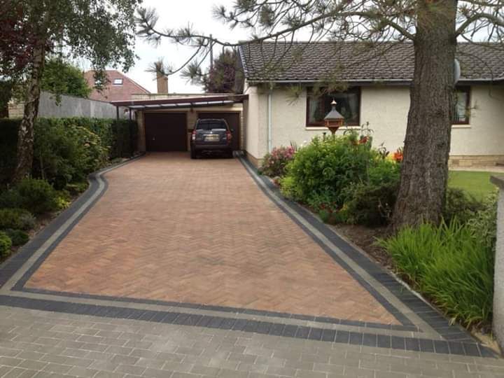 Paved walkway with gray bricks bordered by darker bricks, passing garden with various green plants.