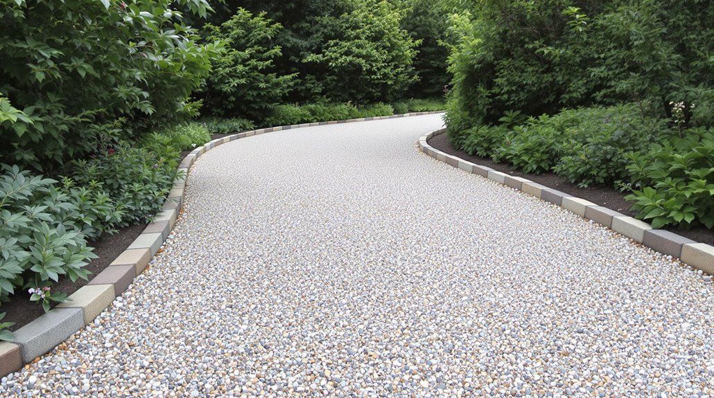Gravel driveway curving through a garden, bordered by low stone and green shrubbery.