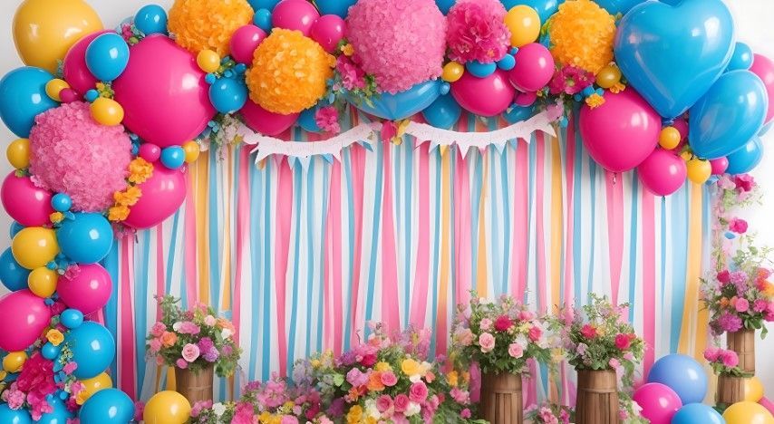 Colorful balloon arch with streamers, floral arrangements, and eye-lash decorations against a striped pastel backdrop.