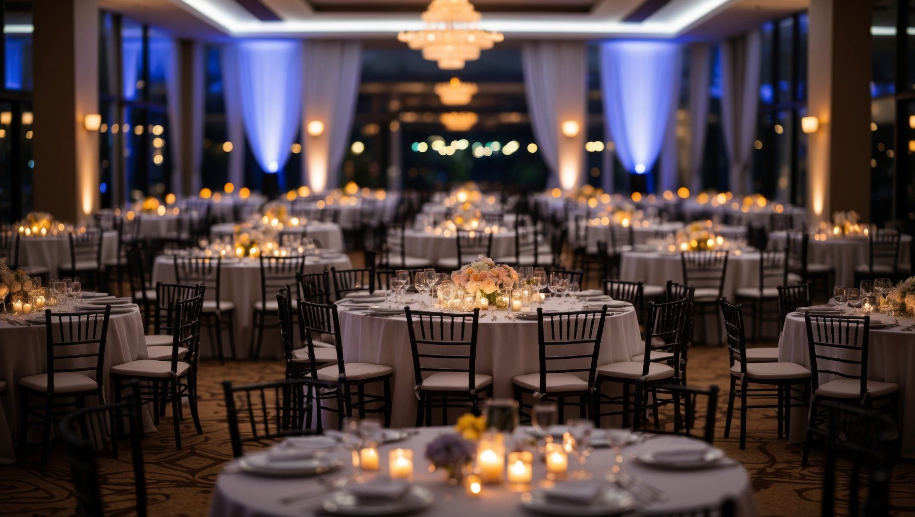 A grand ballroom set for a formal event with round tables, chairs, centerpieces, and warm candlelight.