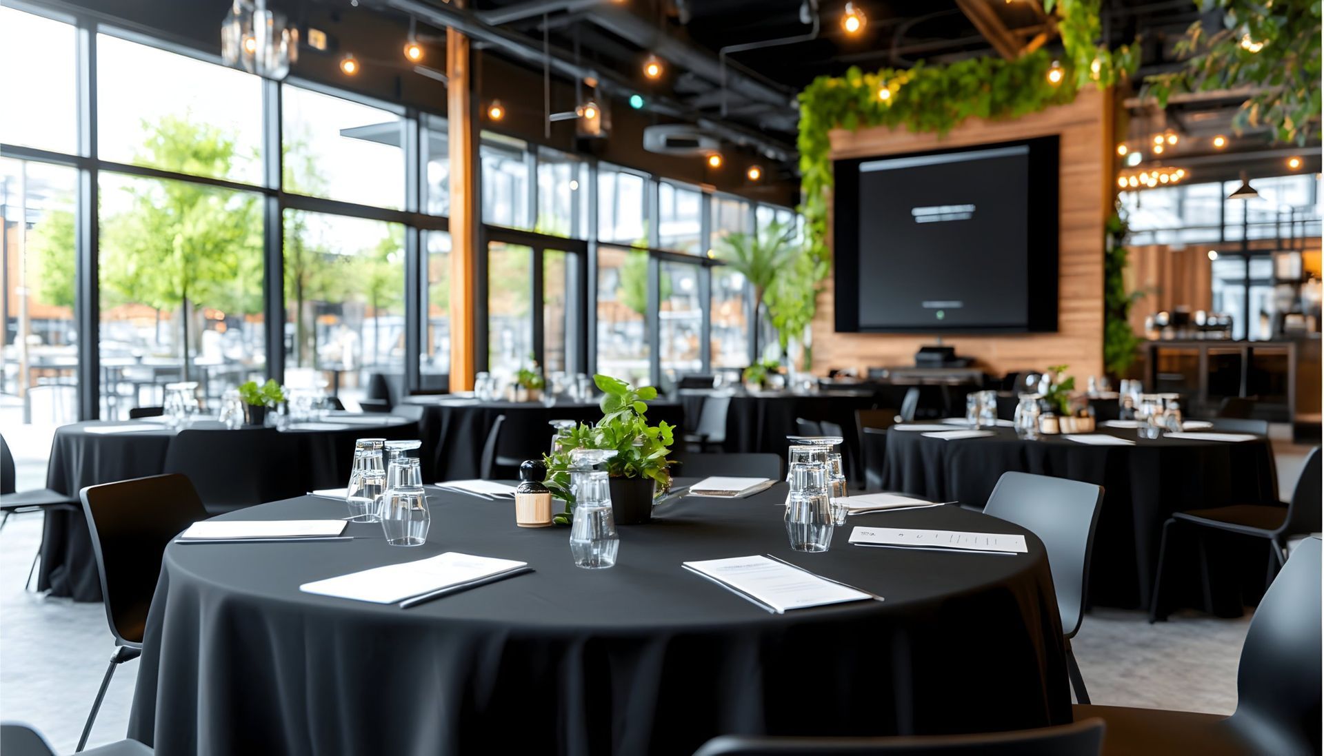 A modern event space featuring round tables with black tablecloths and minimalist decor, set against floor-to-ceiling glass.