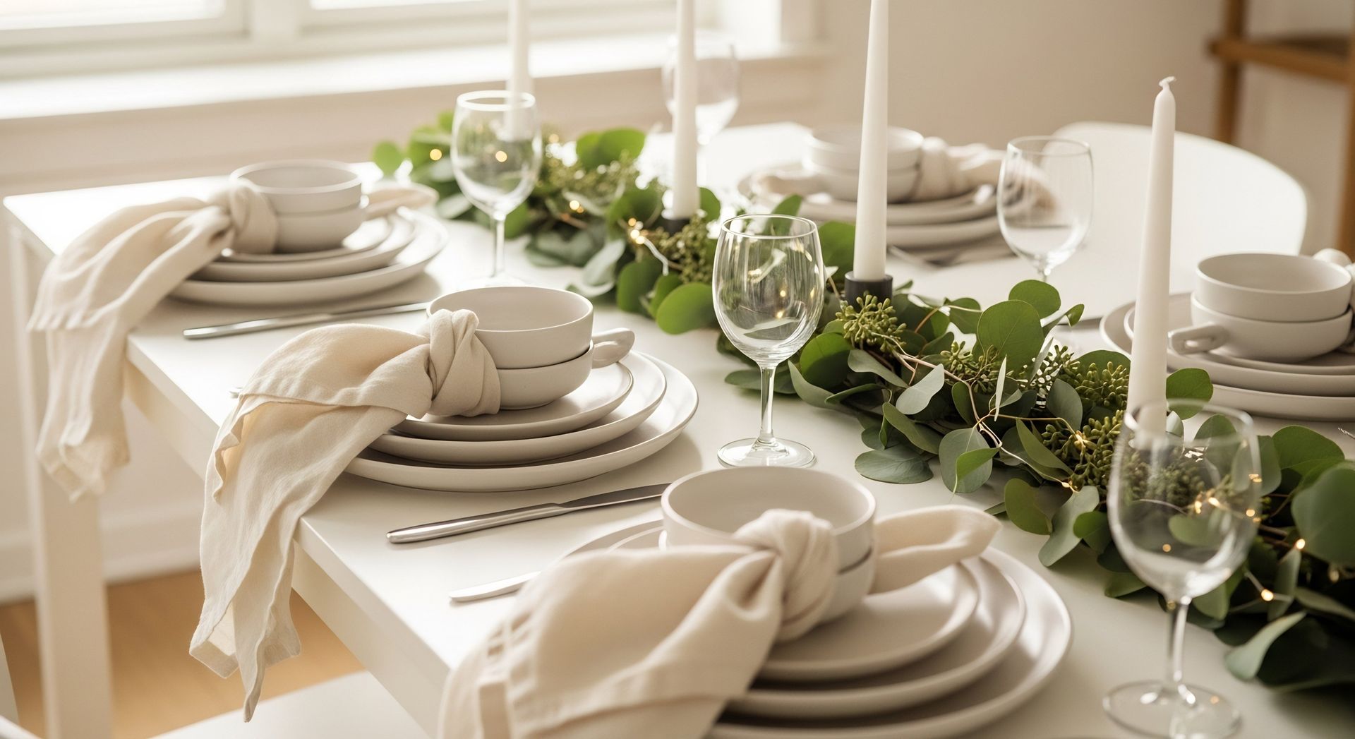 Elegant white table setting with stacked plates, folded napkins, glassware, and greenery centerpiece