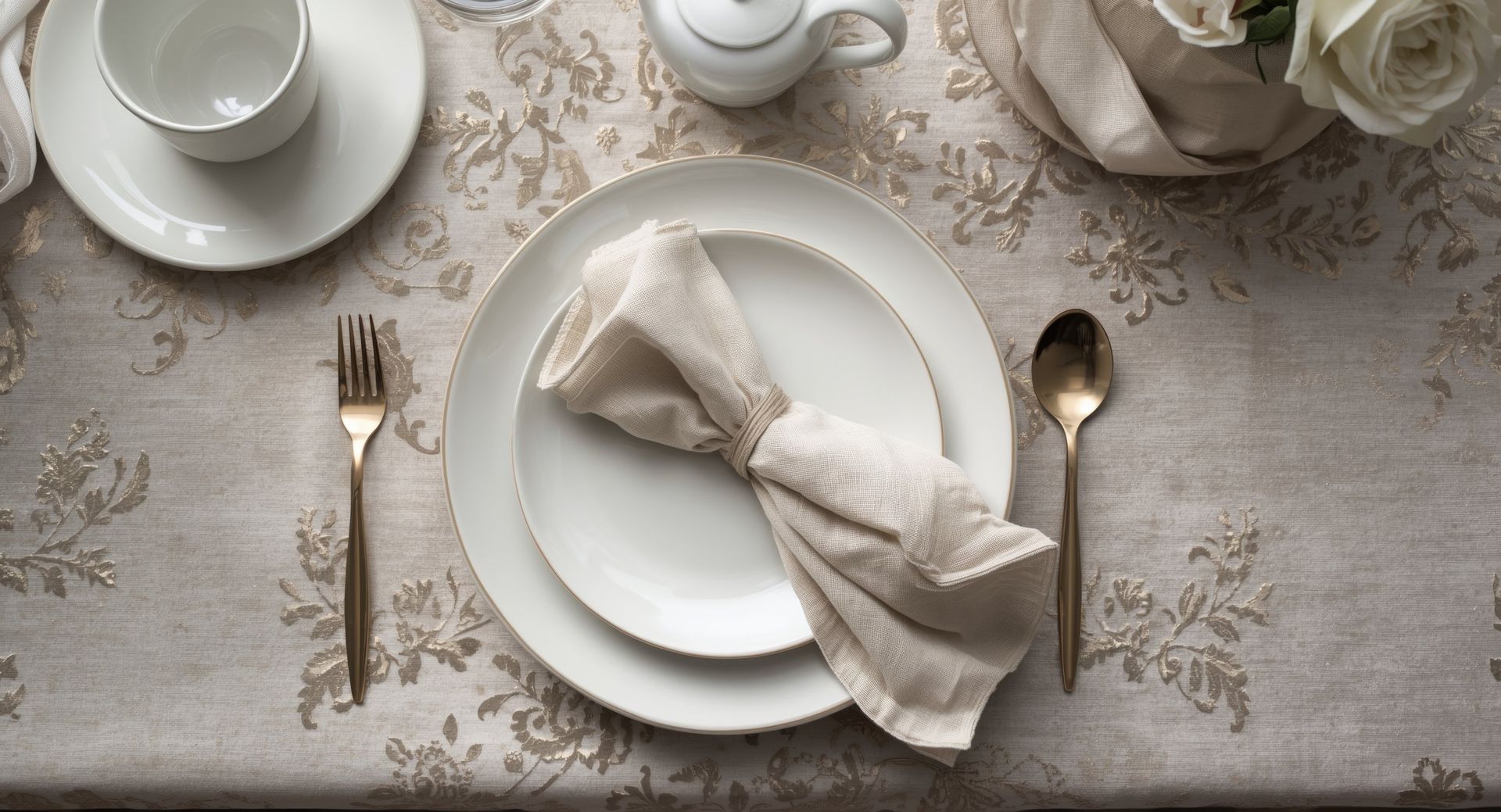 Elegant table setting with white plates, napkins, teacups, and gold cutlery on a beige lace tablecloth