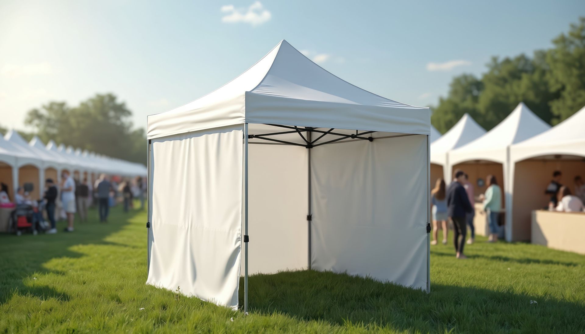 White event tent on a grassy field with people and other tents in the background