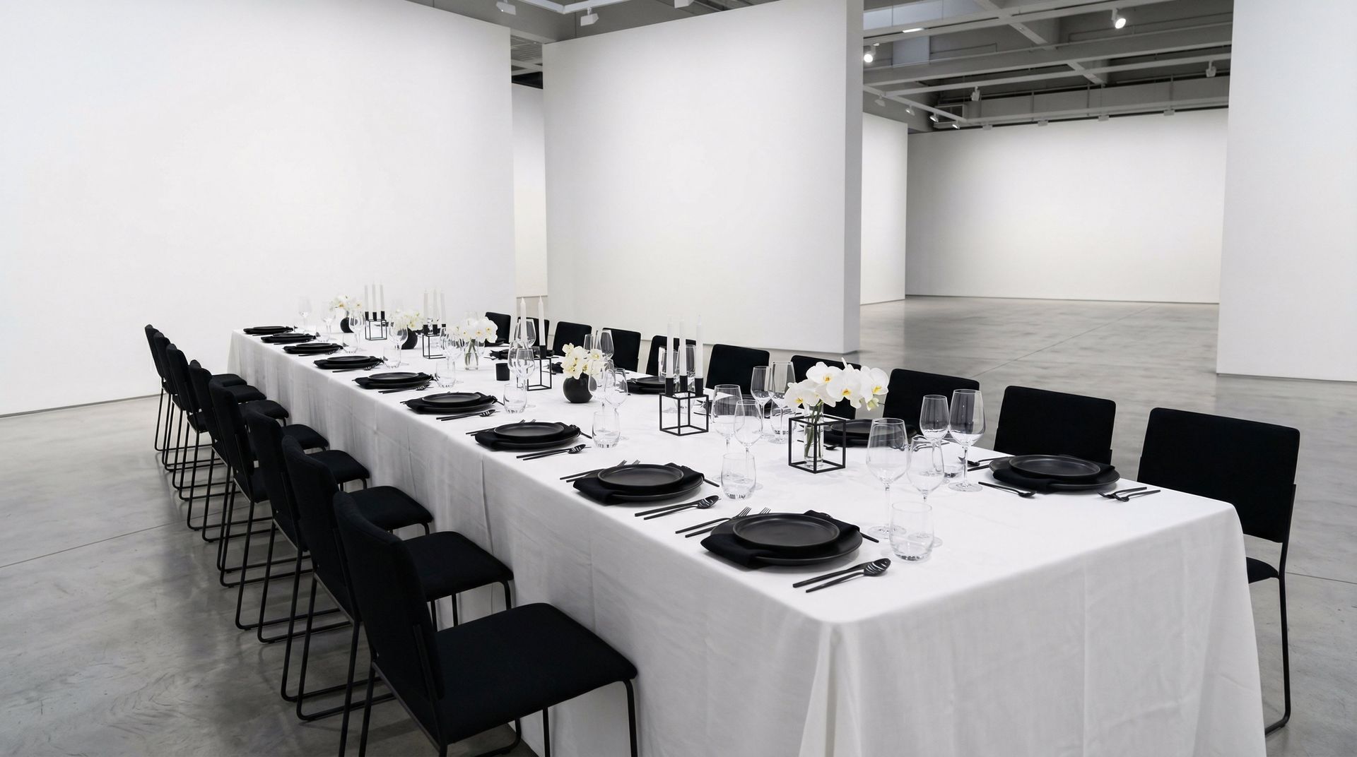 Long banquet table set with black chairs and white tablecloths in a bright empty gallery space