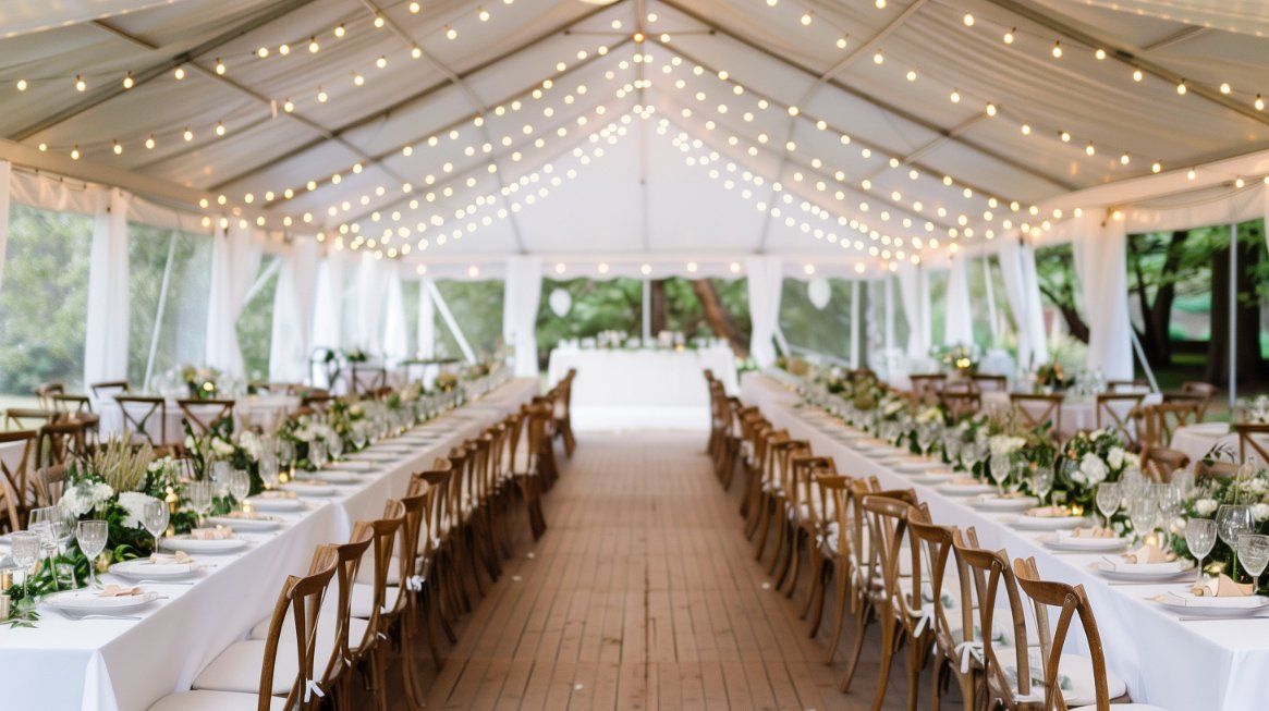 Two long rows of dining tables set for a wedding inside a white marquee tent, illuminated by hanging string lights.