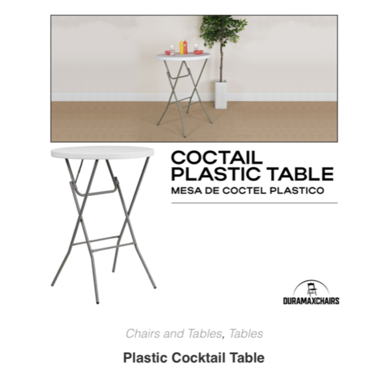 White folding cocktail table with metal legs in a minimalist room, shown with product text.