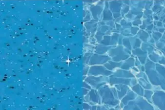 Blue pool water with sunlight reflections and a small sparkle of light in the center