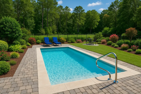 Backyard swimming pool with blue lounge chairs, stone patio, and lush green landscaping