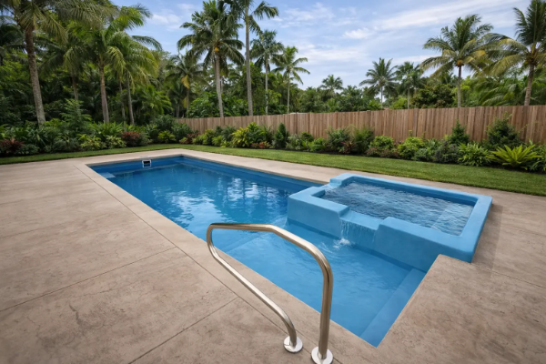 Backyard swimming pool with blue water, spa, and palm trees in the background