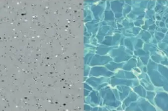 Split view of pale speckled surface beside blue rippling water in a pool