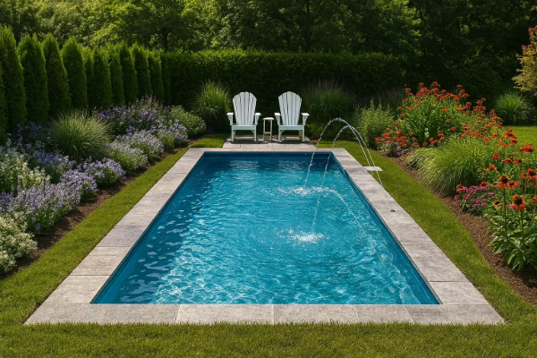 Backyard swimming pool with two white lounge chairs, surrounded by lush greenery and flowers