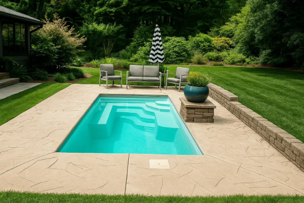Rectangular turquoise pool in a landscaped backyard with patio chairs and umbrella.