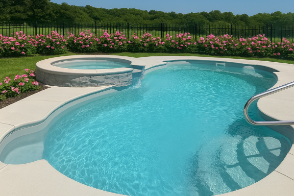 Curved backyard pool with a small hot tub, white deck, and pink flowers along a green hedge.