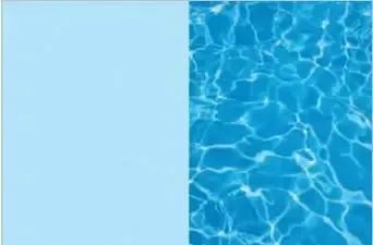 Split image with light blue background on the left and rippling blue pool water on the right.